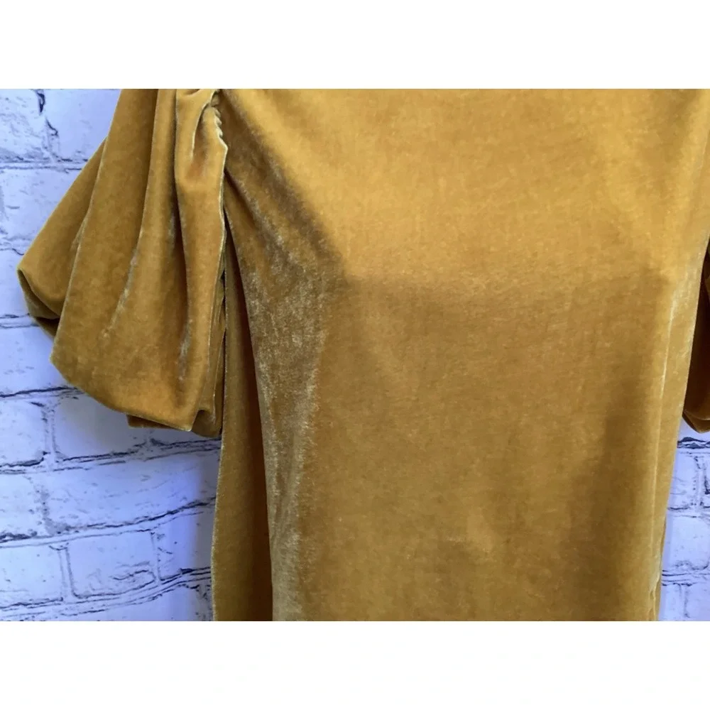 Free People Mustard Yellow Velvet Mock Neck Puff Sleeve Top Small